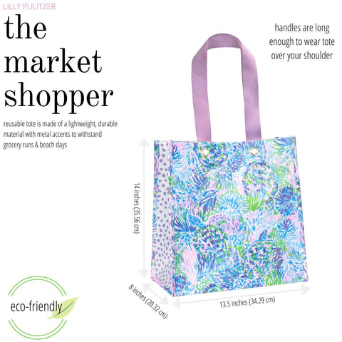 Lilly Pulitzer Shell of a Party tote close-up shows gold hardware accents