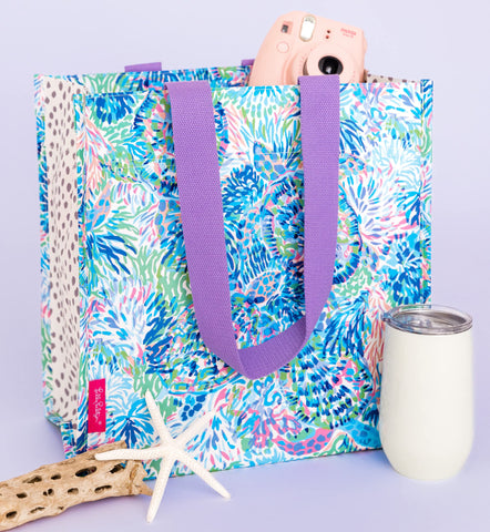 Lilly Pulitzer Shell of a Party tote used as grocery or beach bag