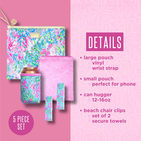 Lilly Pulitzer small nylon zip bag protects a smartphone from sand and spills