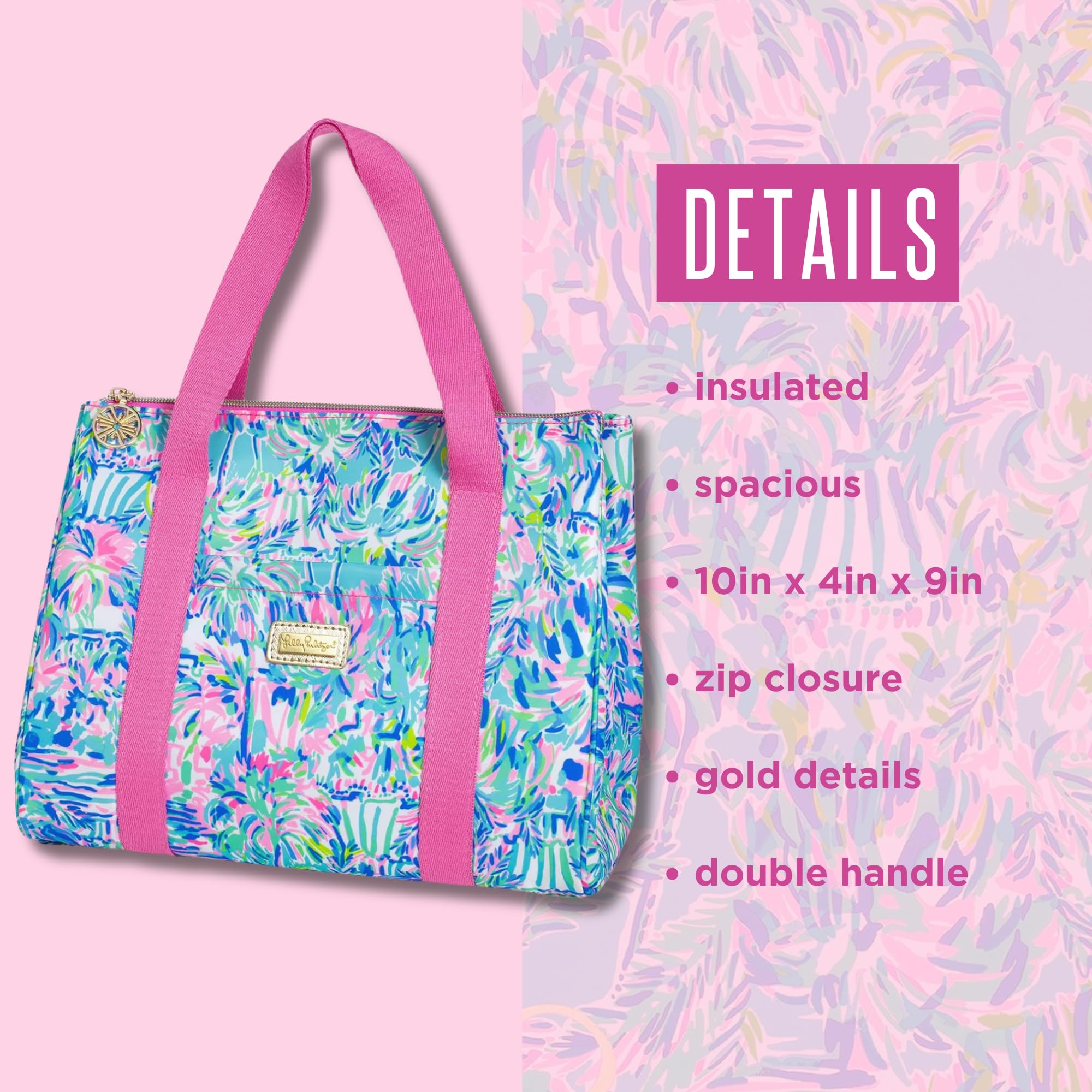 Lilly Pulitzer travel-friendly lunch tote stands upright for easy loading.