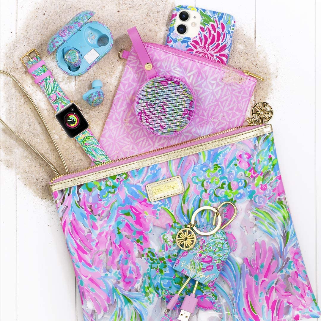 Lilly Pulitzer water-resistant vinyl pouch endures splashes and sand at the coast