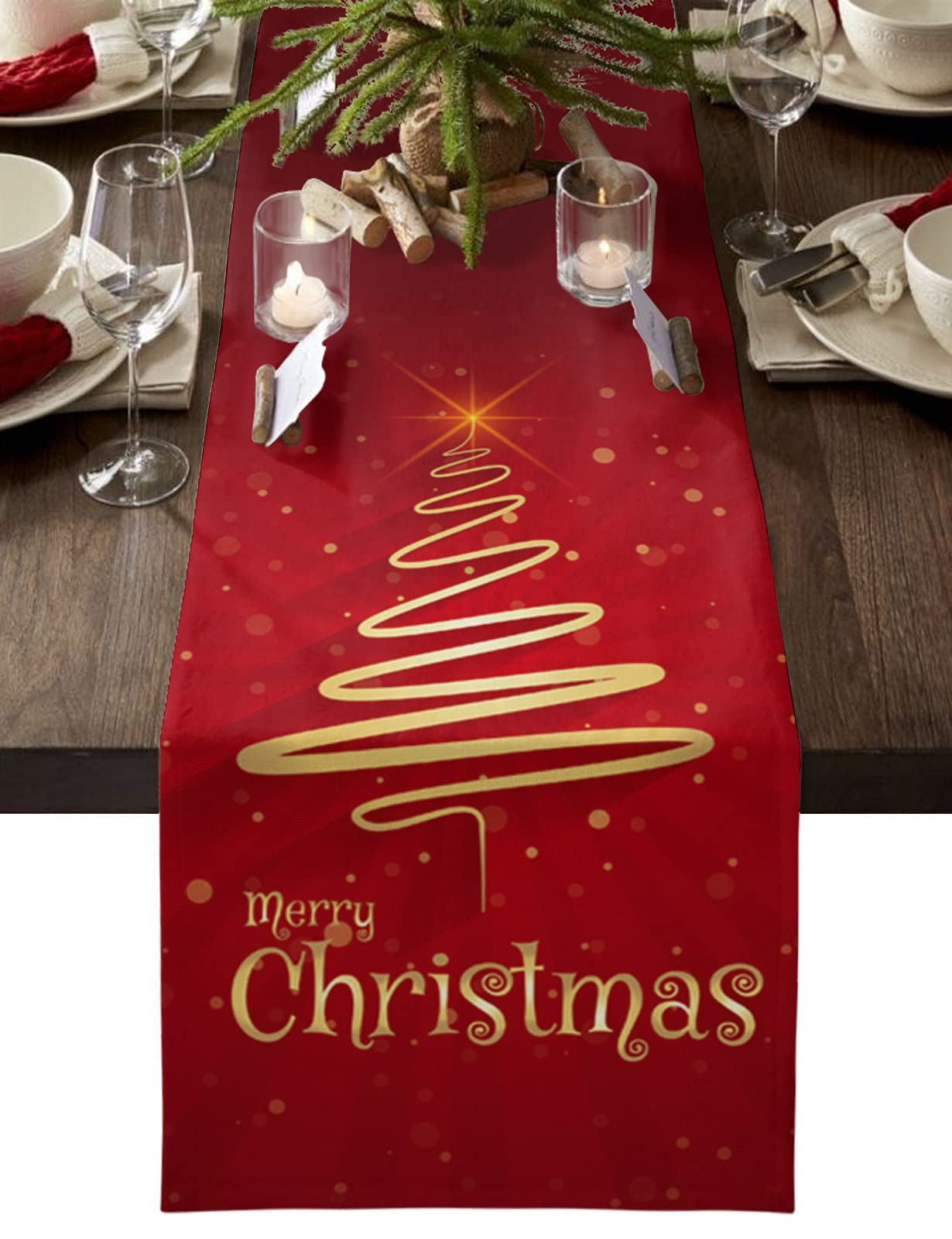 Lilmeme table runner with Merry Christmas tree red motif on a holiday table.