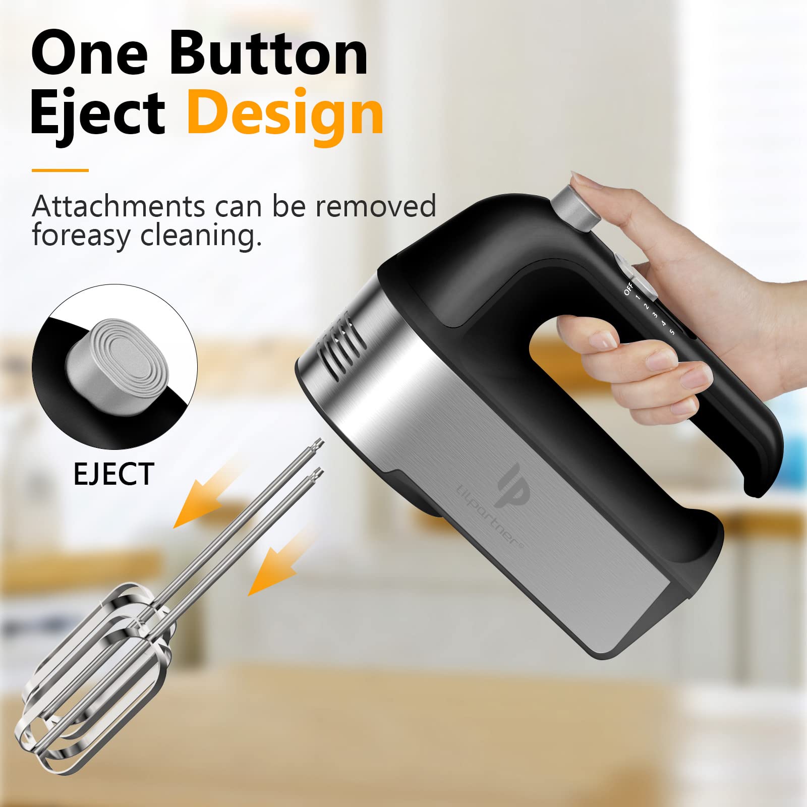 LILPARTNER hand mixer eject button enables quick attachment changes