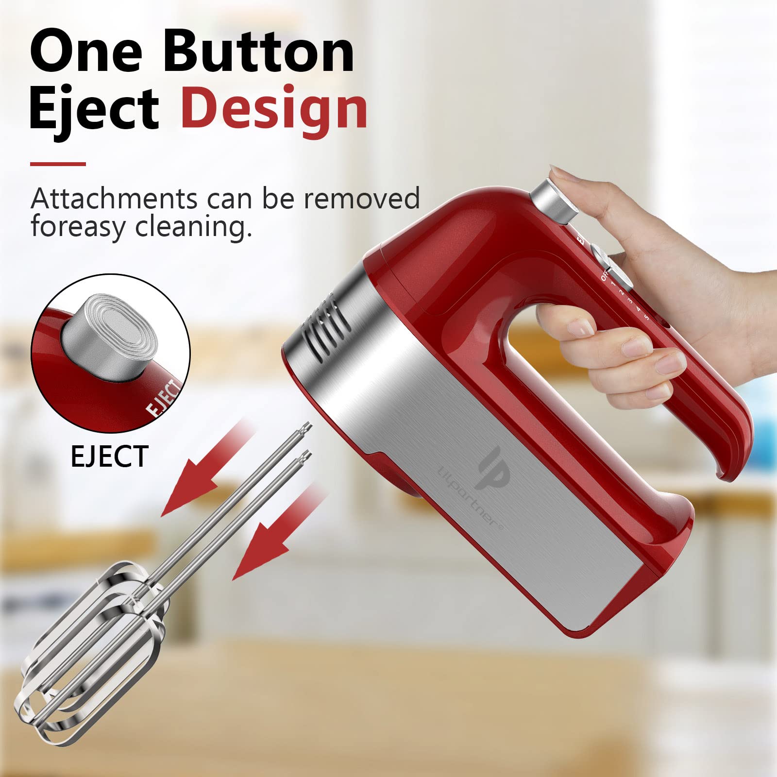 LILPARTNER hand mixer with a one-button eject design for easy attachment changes