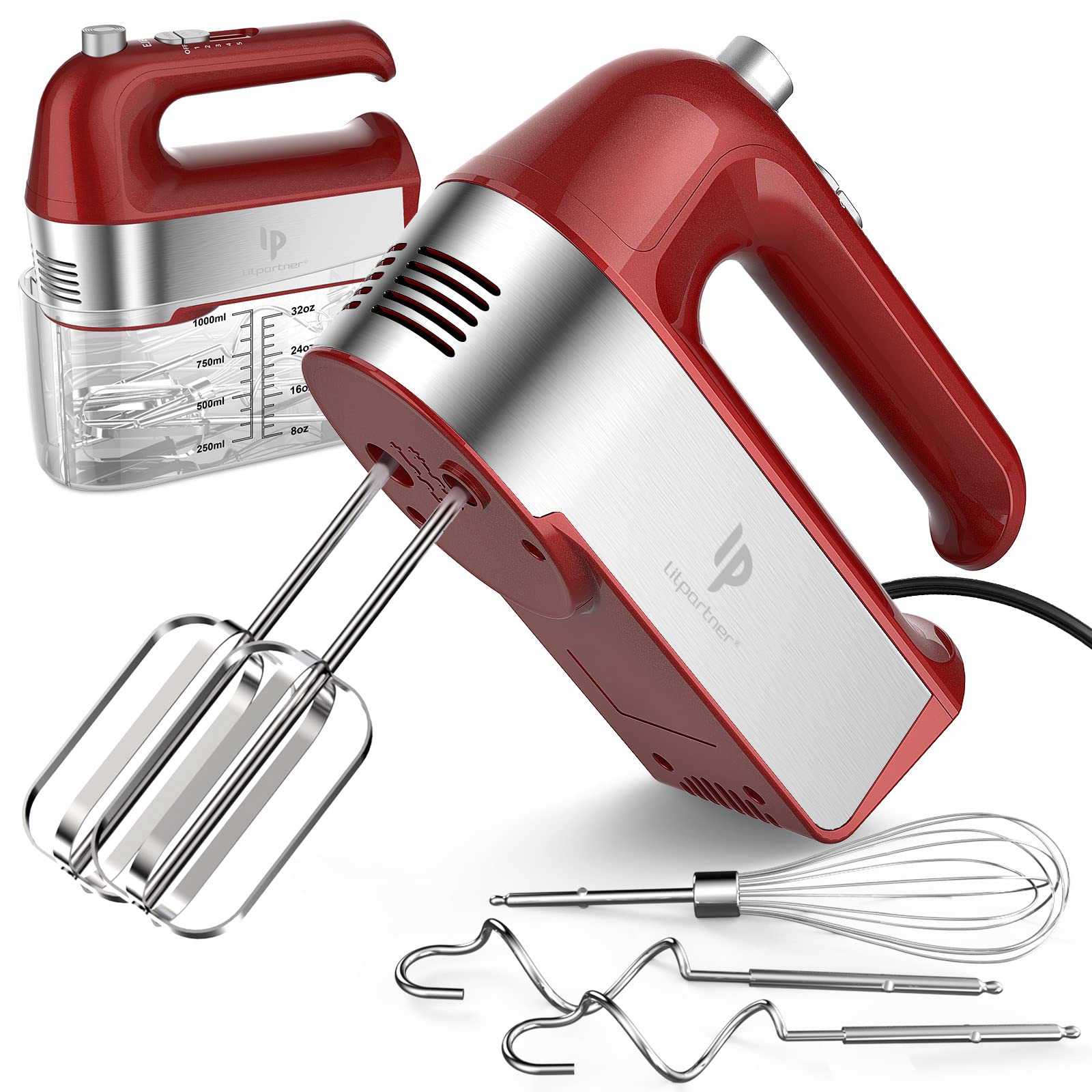 LILPARTNER hand mixer with scale cup storage keeps ingredients organized during prep