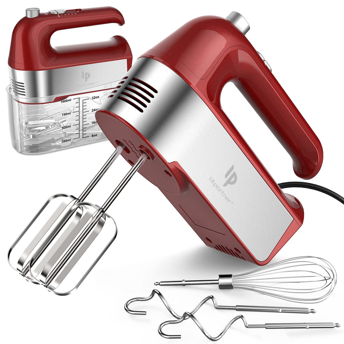 LILPARTNER hand mixer with scale cup storage keeps ingredients organized during prep