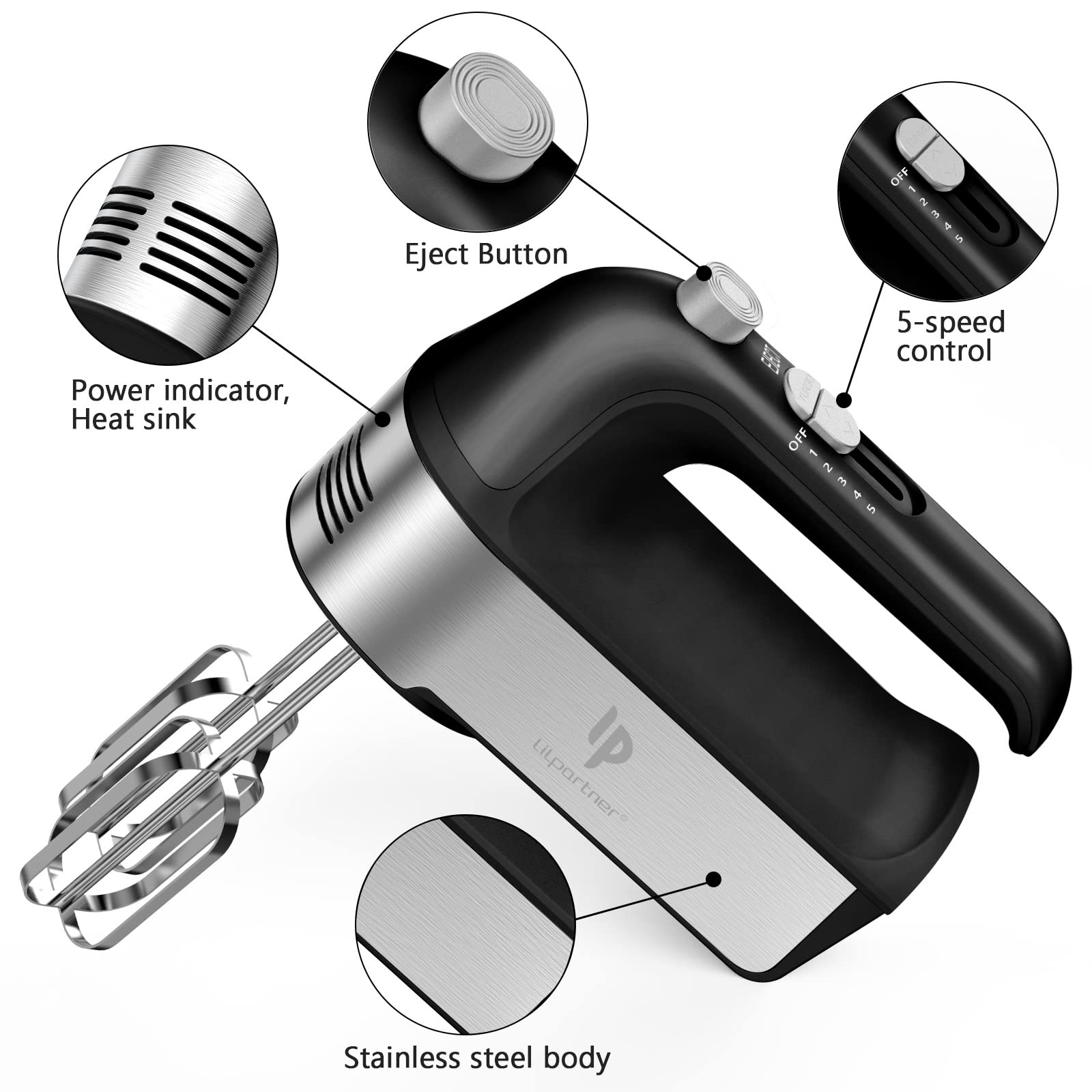 LILPARTNER hand mixer turbo boost speeds whipping and mixing
