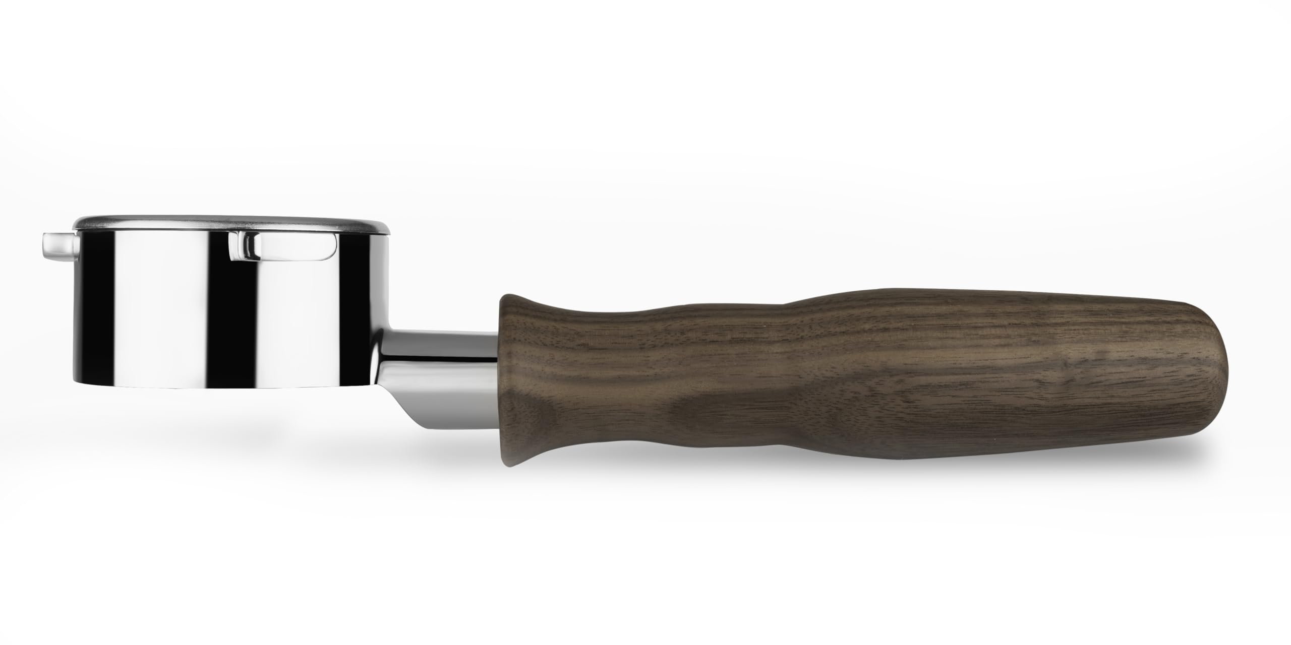 LILQ 54mm naked bottomless portafilter head in walnut for precise extraction.