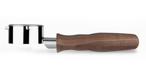 LILQ 54mm naked bottomless portafilter head in walnut for precise extraction.