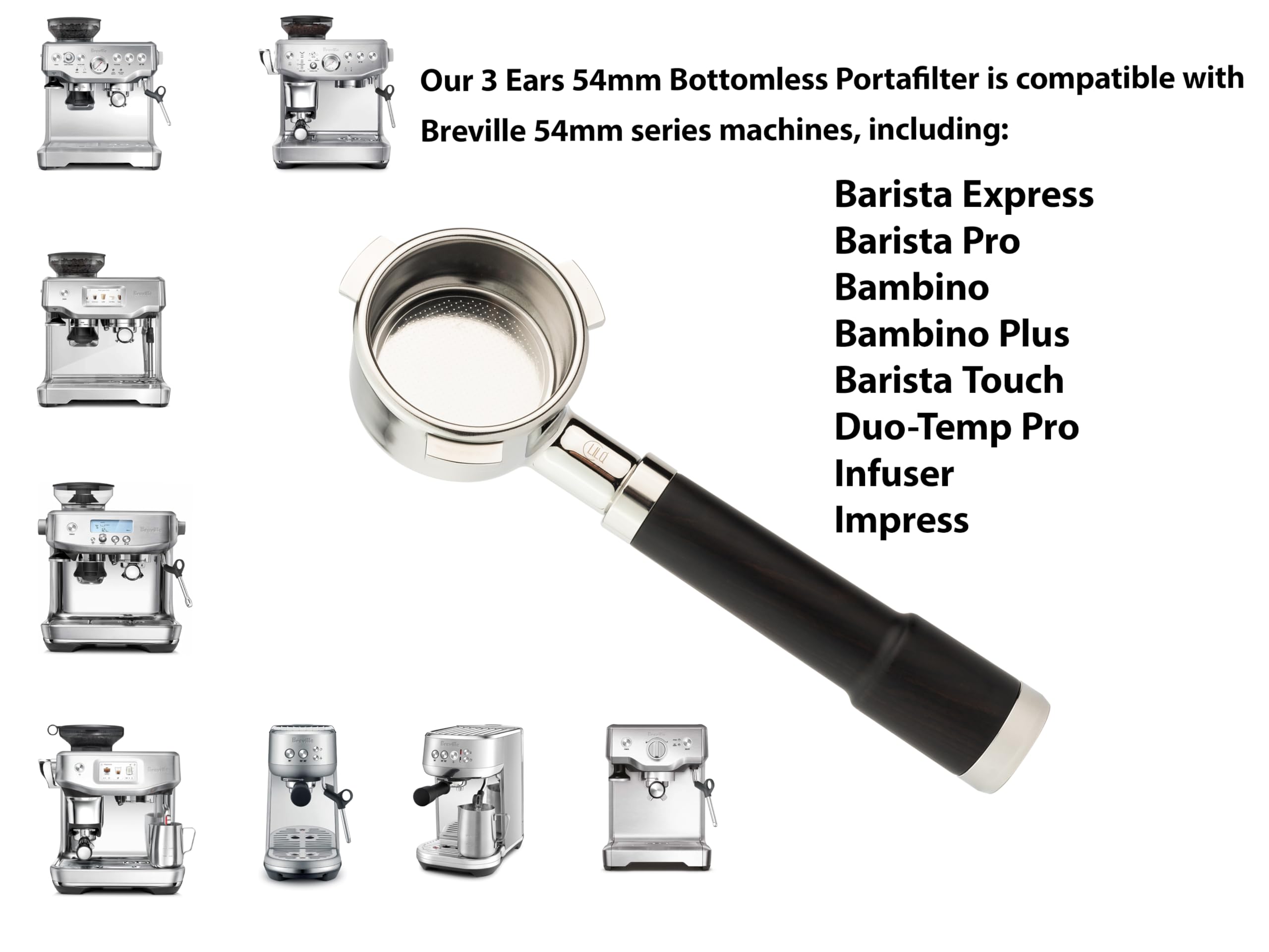 LILQ 54mm bottomless portafilter closeup showing gasket area for fit.