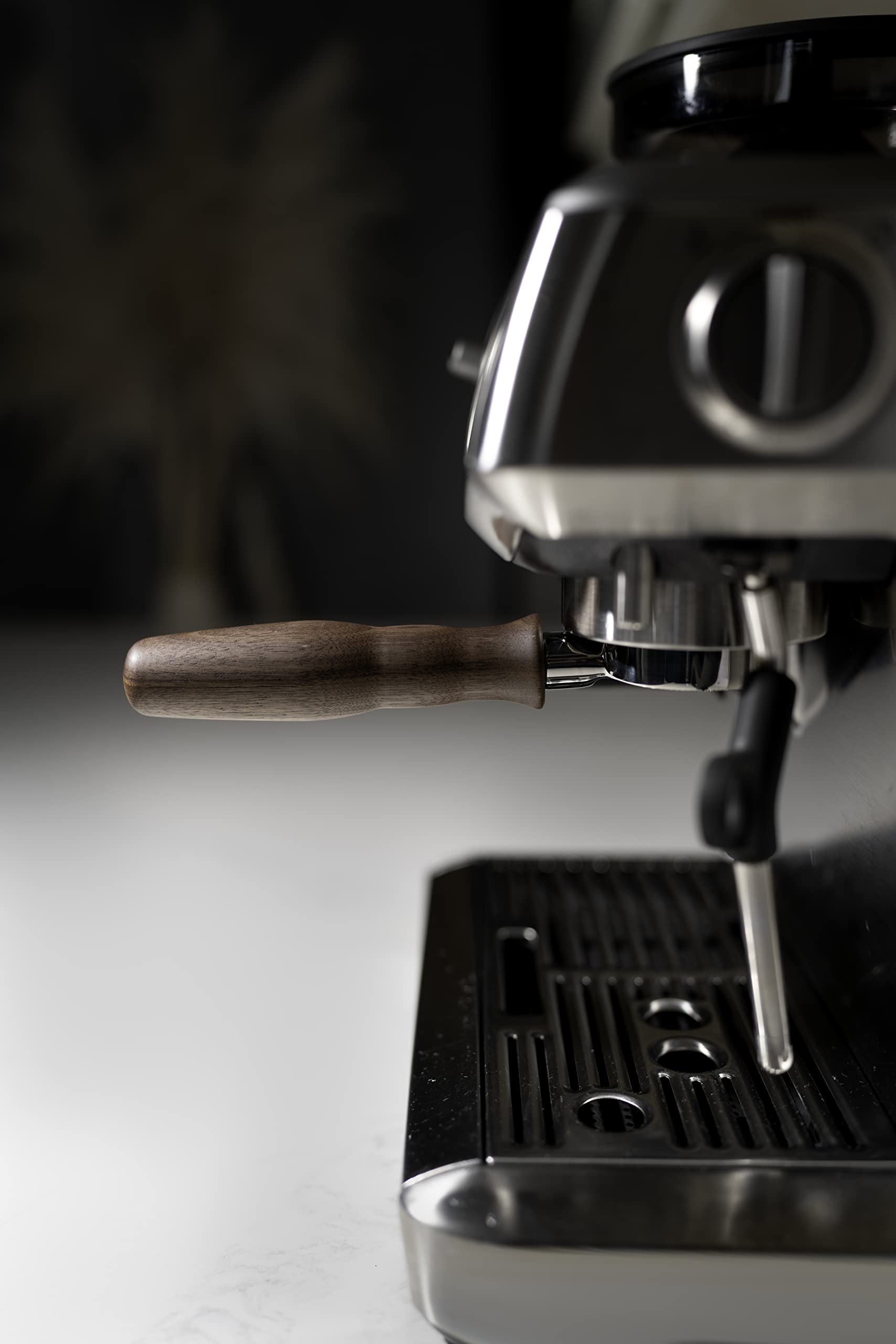 LILQ side view of walnut wood portafilter design.