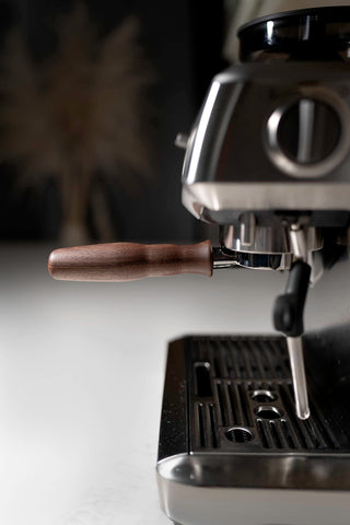 LILQ side view of walnut wood portafilter design.