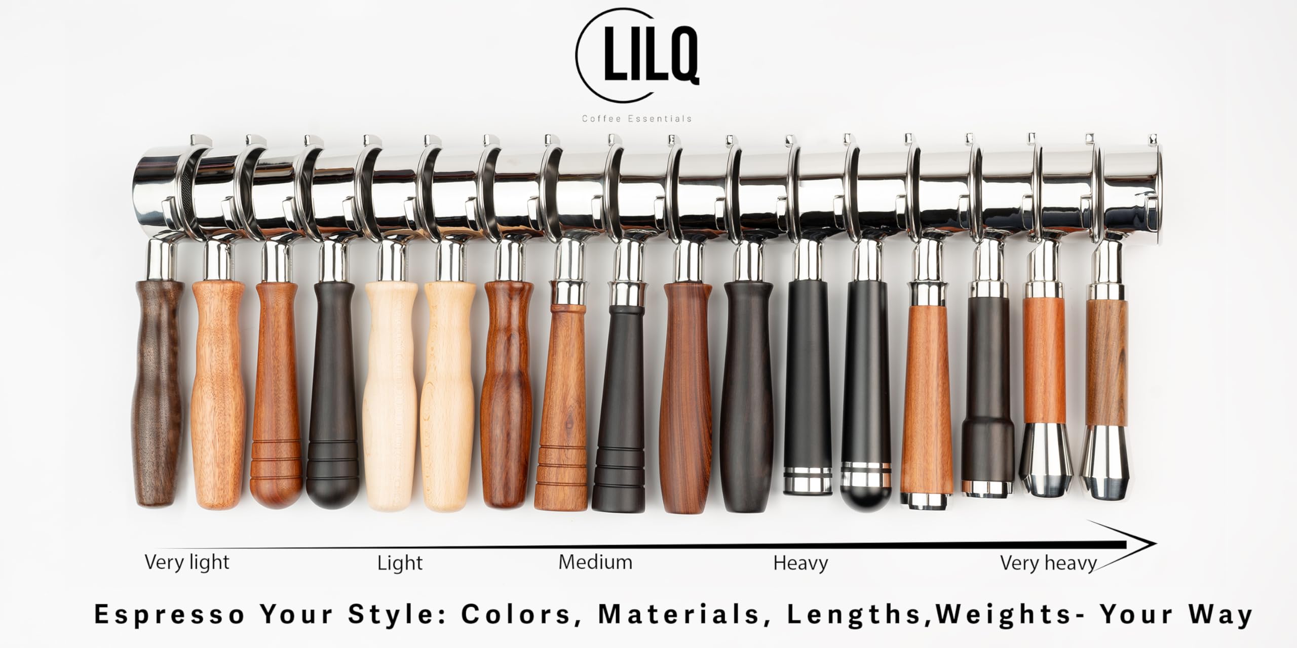 LILQ walnut wood handle portafilter provides stable grip during brewing.