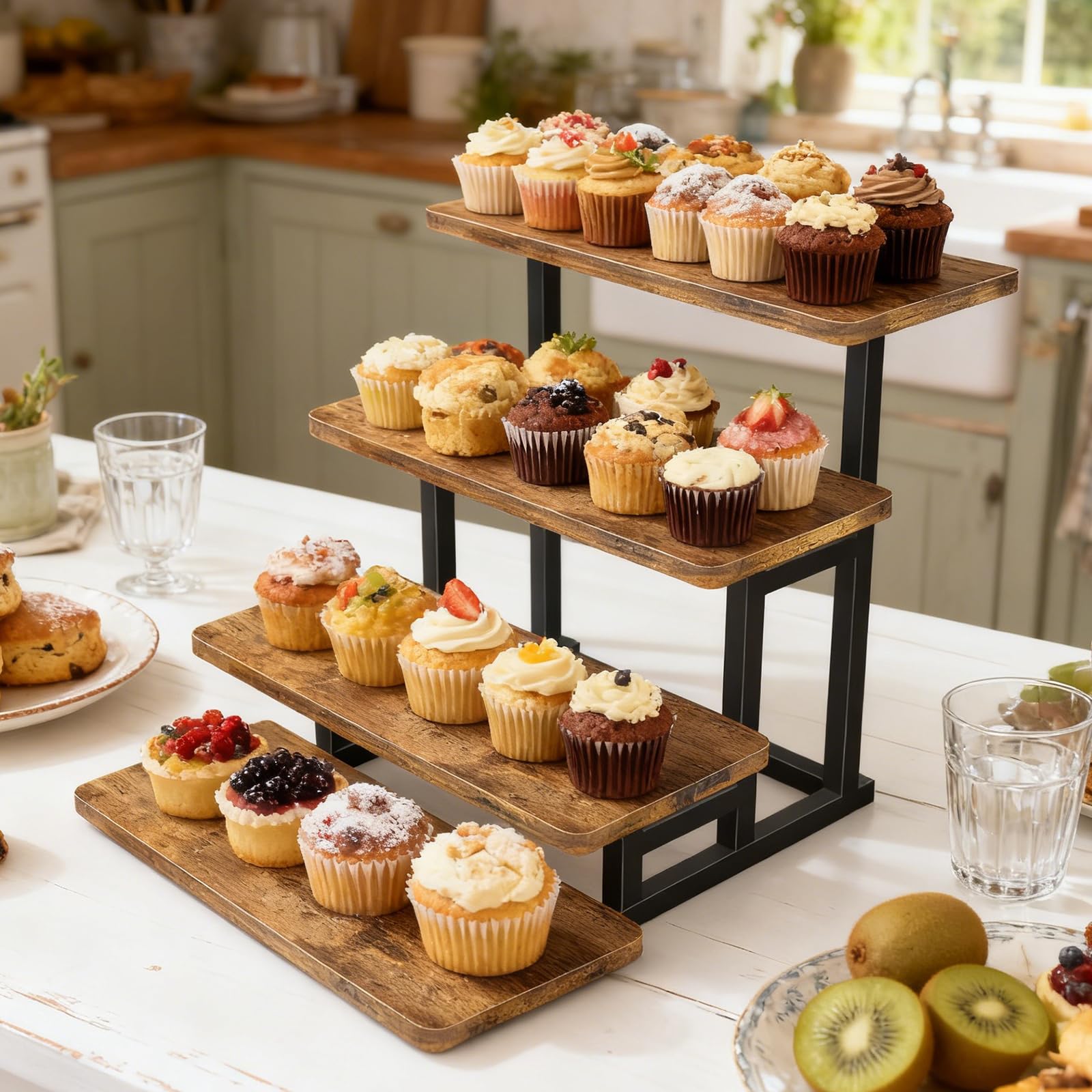 Lilybud Lily Tiered Tray Stand Wooden showcases cookies and pastries in rustic style