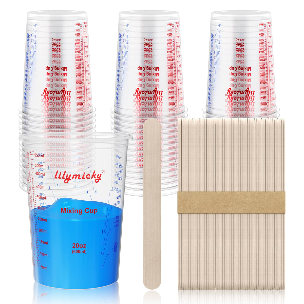 Lilymicky 50-pack plastic mixing cups with clear measurements for precise mixing.