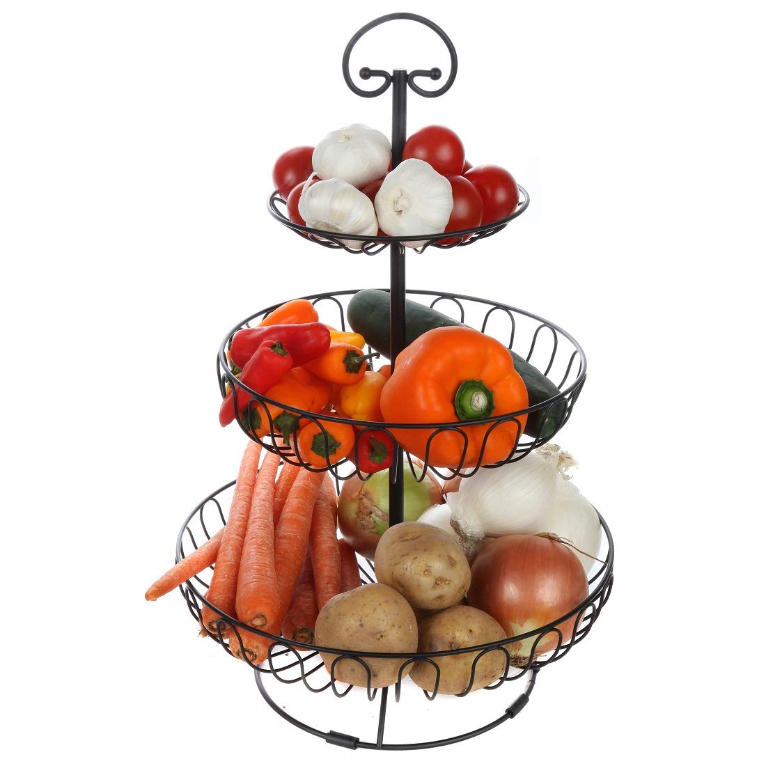 Lily's Home 3-tier wire fruit stand in black displays produce neatly and saves space.