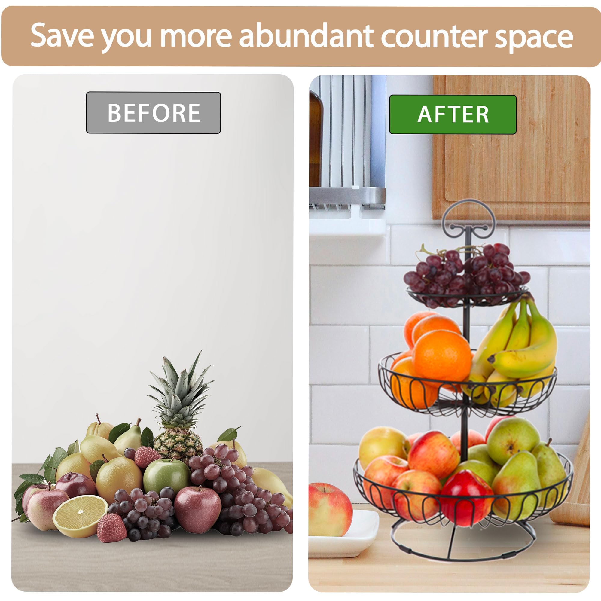 Lily's Home wire basket display for admired kitchen organization and easy reach of fresh fruits.