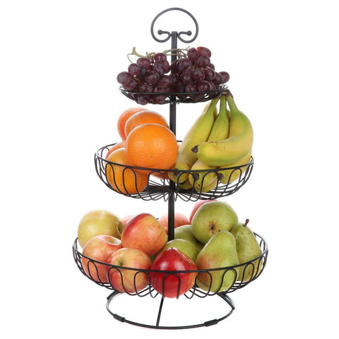 Lily's Home wire fruit and vegetable holder in black with three-tier design for organized counter space.