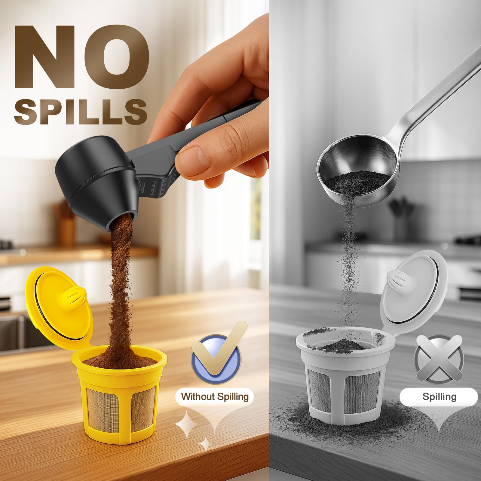 LimanChef spill-proof scoop funnels grounds neatly, keeping counters clean.