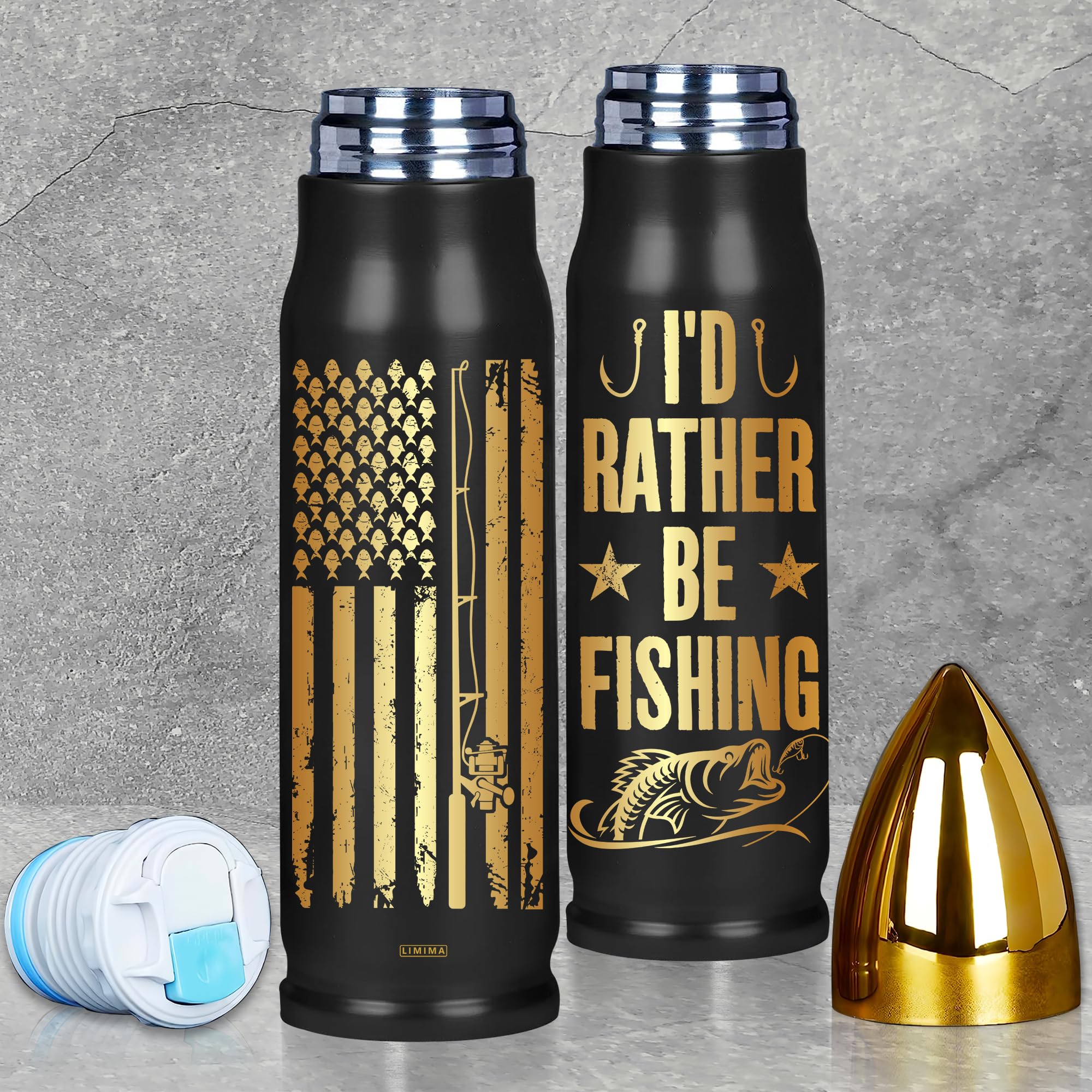 Limima I'd Rather Be Fishing tumbler front view keeps drinks hot or cold on fishing trips.