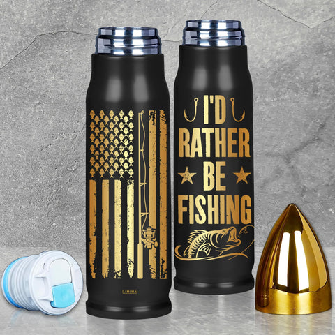 Limima I'd Rather Be Fishing tumbler front view keeps drinks hot or cold on fishing trips.