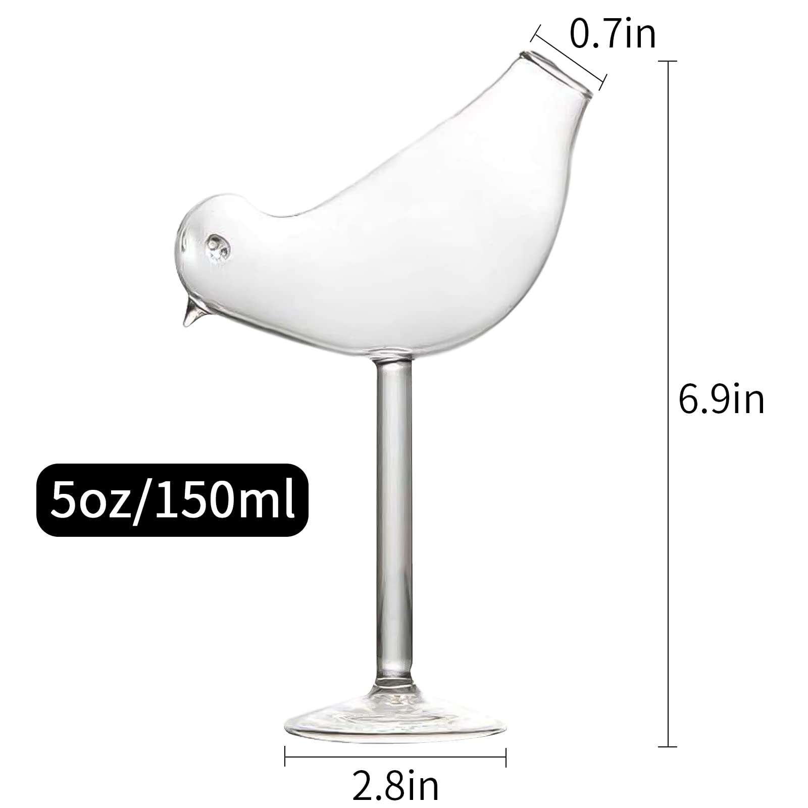 LINALL bird design glass side view showing slim balanced stem.