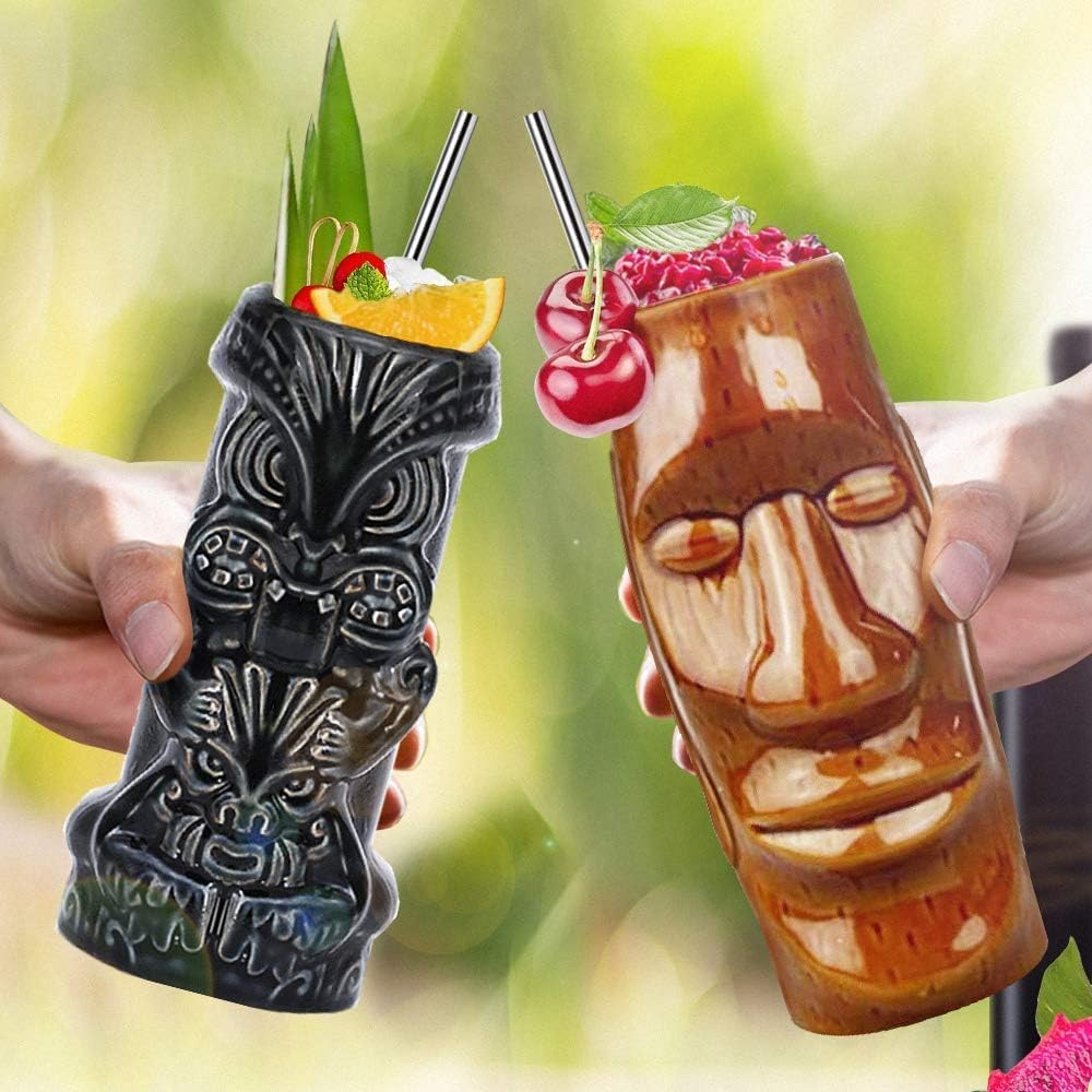 LINALL Tiki Mugs Hand-Painted Ceramic features durable, glossy glaze for everyday use.