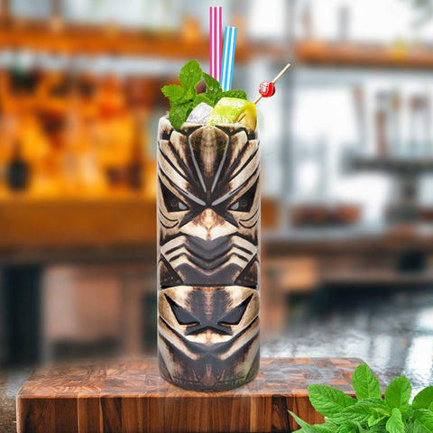 LINALL tiki mugs with exotic cocktails on a drinks table evoke island party vibes