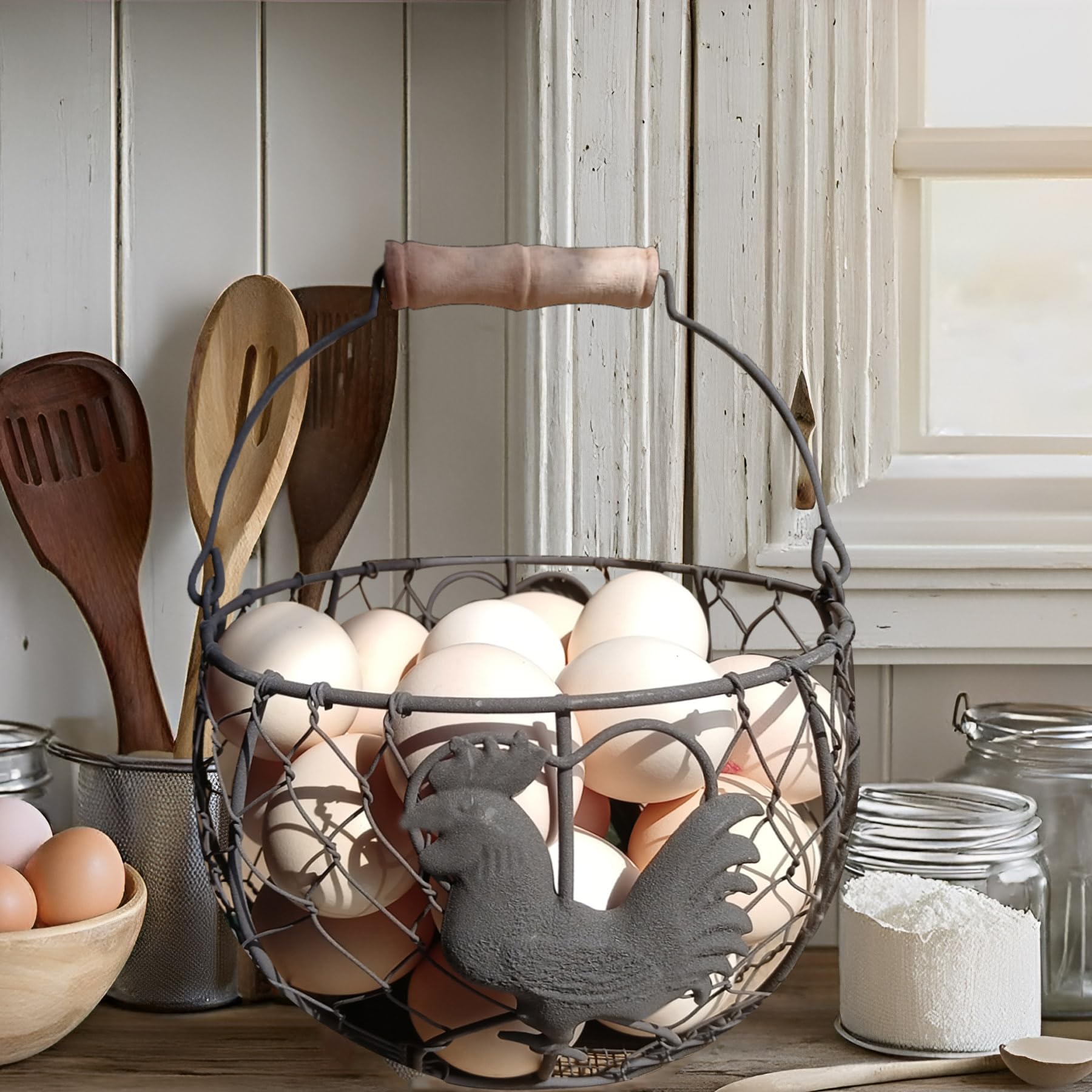 LINCOUNTRY round metal egg basket shown on countertop for display and storage