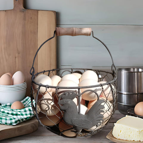 Rustic wire egg basket with handle for easy transport and display