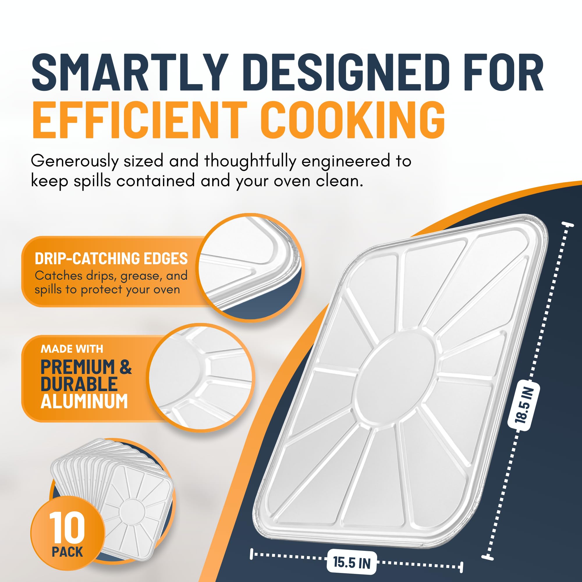 Linda's Essentials aluminum oven liner multi-use illustration highlights grilling, baking, and spill protection