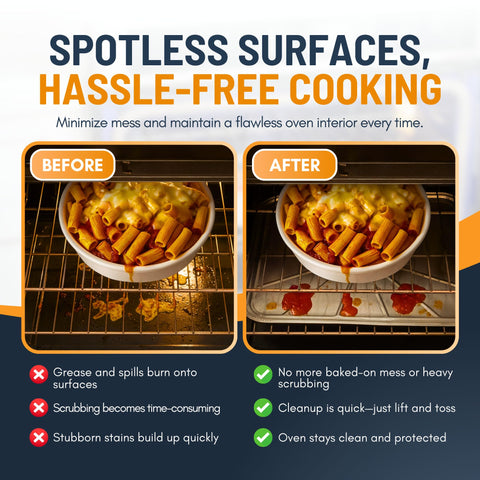 Linda's Essentials aluminum oven tray protectors reduce mess and scrubbing.