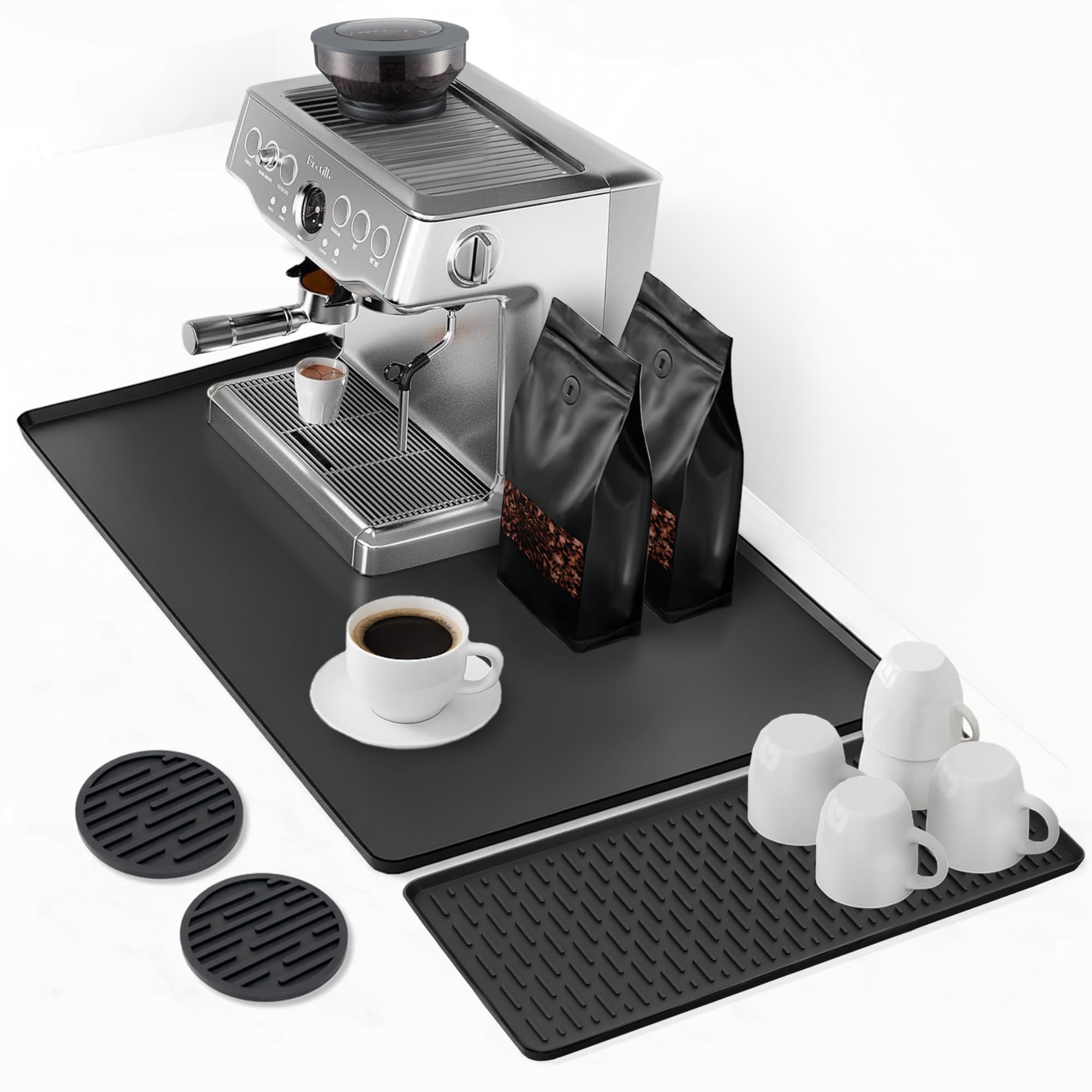 Linda's Essentials silicone coffee mat 24x16 setup keeps counter organized and protected.