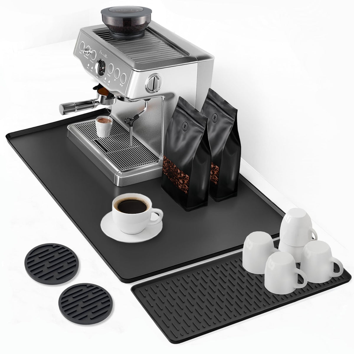 Linda's Essentials silicone coffee mat 24x16 setup keeps counter organized and protected.