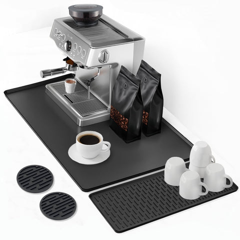 Linda's Essentials silicone coffee mat 24x16 setup keeps counter organized and protected.