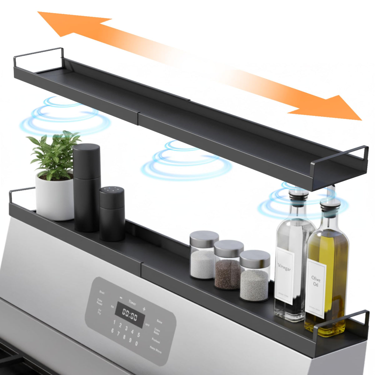 Linda's Essentials extendable stovetop shelf 16-30 inch showing built-in storage for spices and oils.