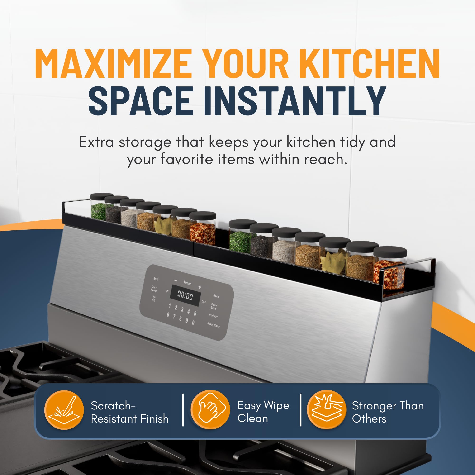 Linda's Essentials over-stove rack assembly demonstrates quick, tool-free setup for a clutter-free kitchen.