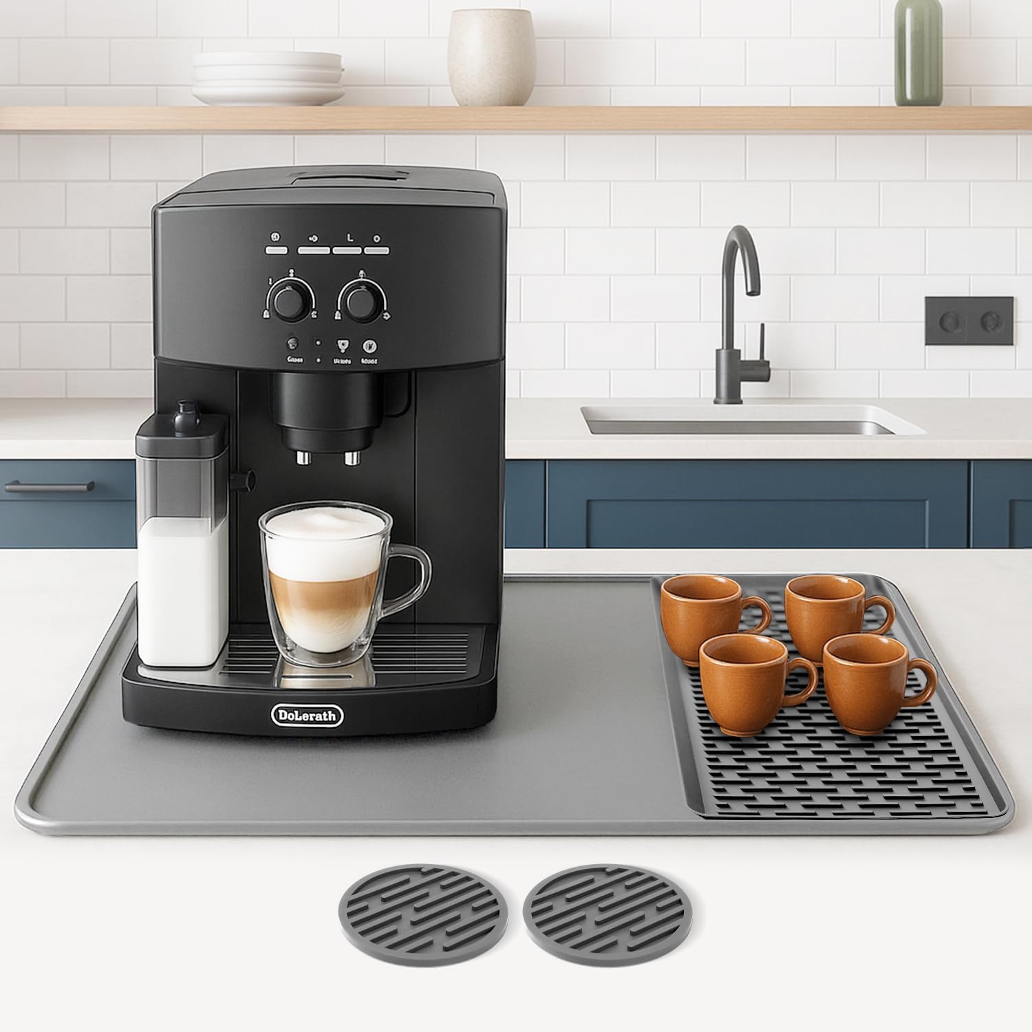 Linda's Essentials silicone coffee mat keeps barista-style setup organized on the counter