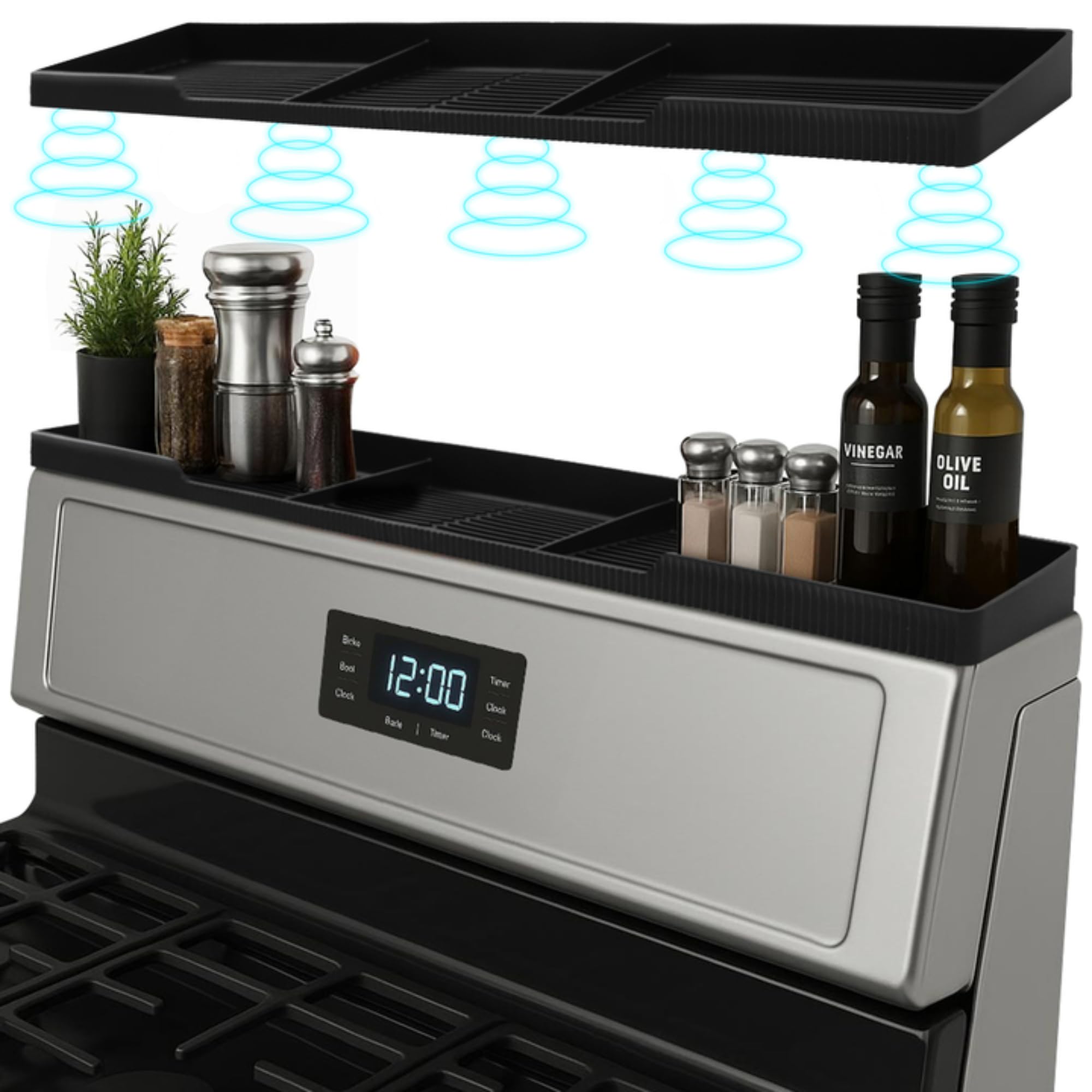 Linda's Essentials silicone magnetic over-stove shelf back view keeps spices within reach during cooking