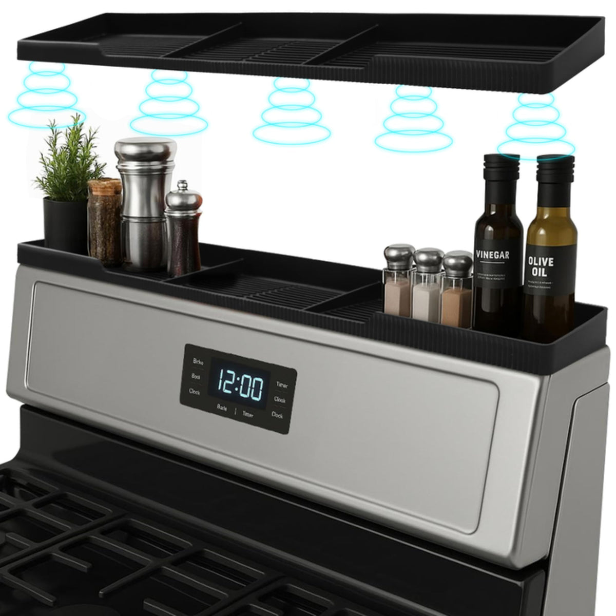 Linda's Essentials silicone magnetic over-stove shelf back view keeps spices within reach during cooking