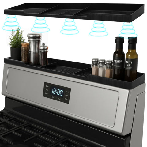 Linda's Essentials silicone magnetic over-stove shelf back view keeps spices within reach during cooking