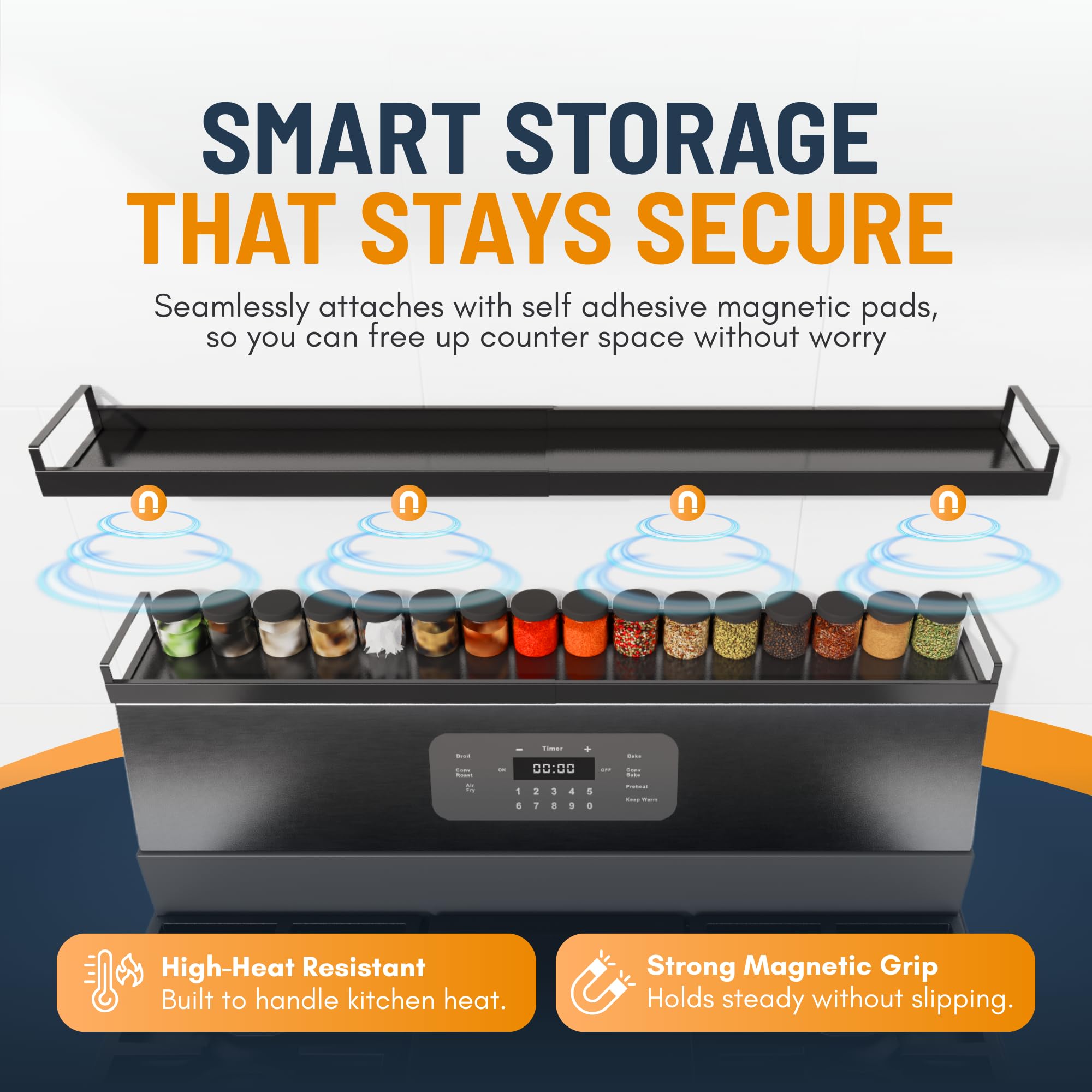 Linda's Essentials stainless steel magnetic shelf close-up highlights durable material and secure hold.