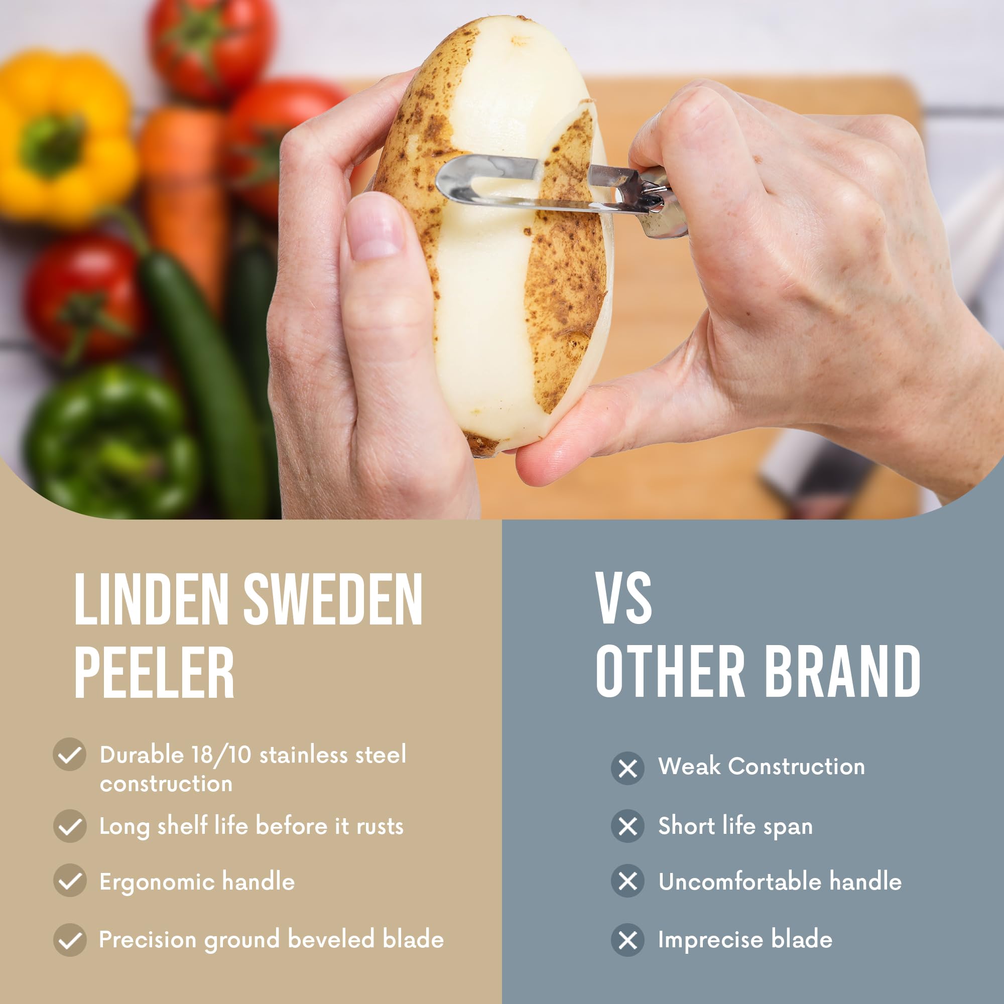 Left- and right-handed compatible Linden Sweden peeler for versatile use.