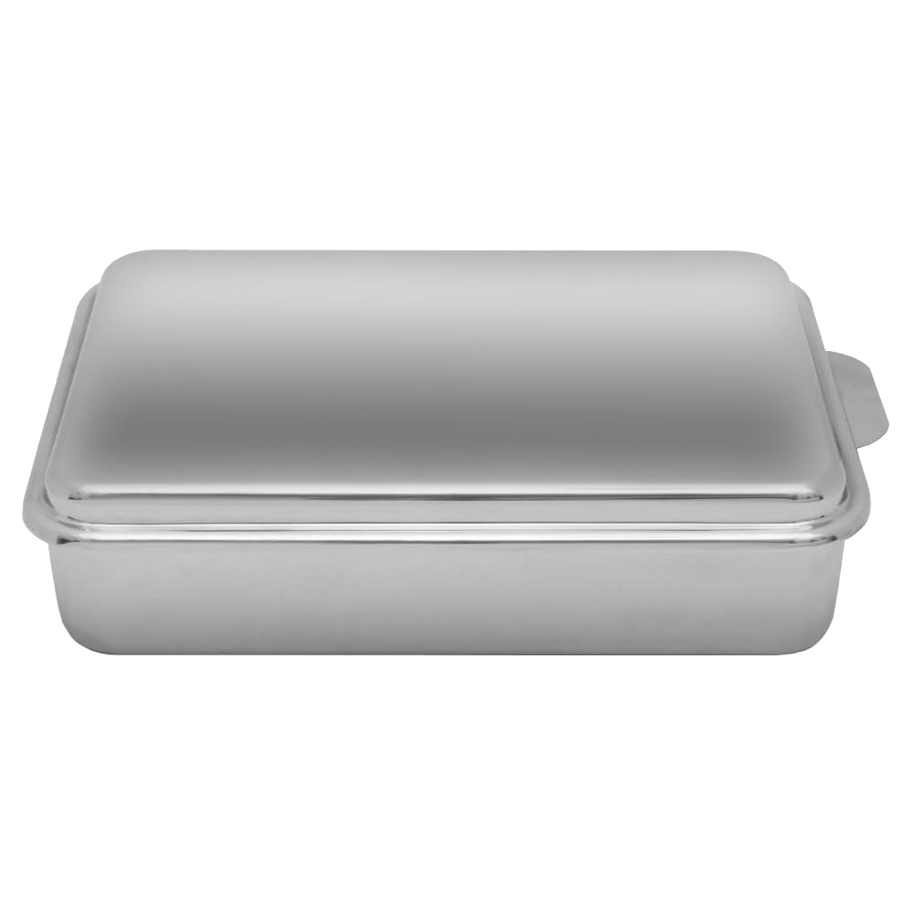 Lindy's stainless steel 9x13 covered cake pan for even baking and protection