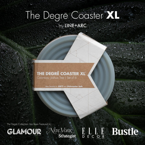 LINE+ARC Degrē XL coaster with non-slip grooves reduces cup movement for tidy tables.