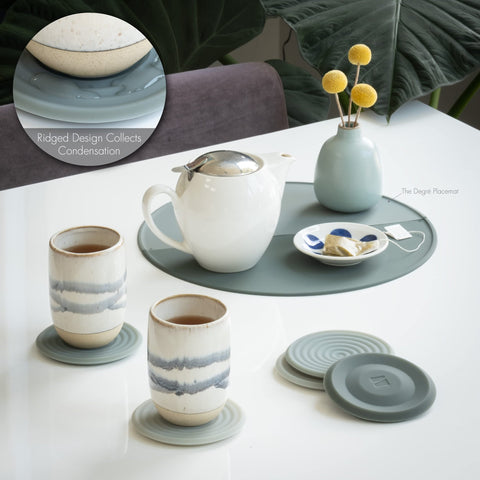 LINE+ARC Degrē coasters feature no-cling grooves that catch moisture.