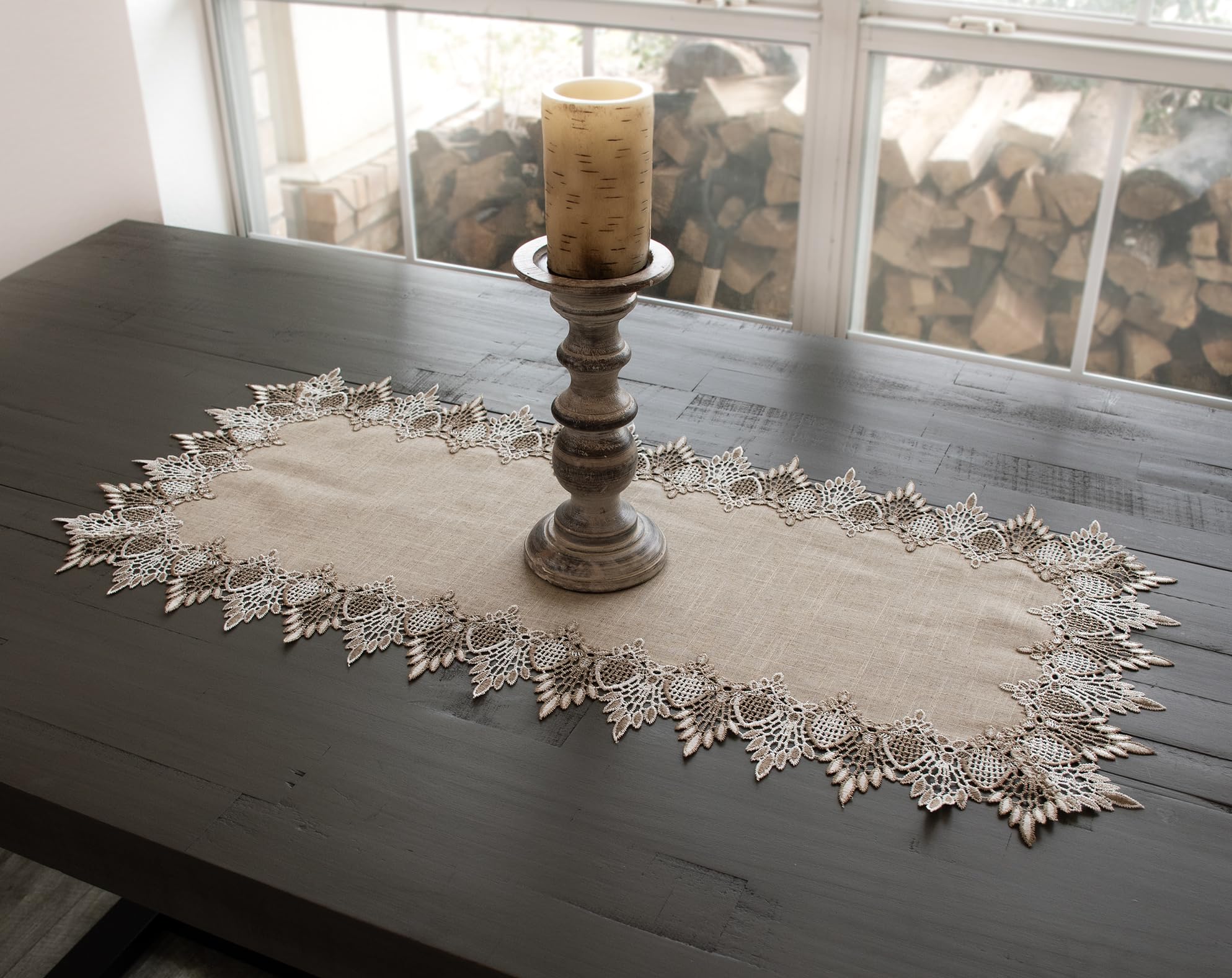 Linens, Art and Things lace runner shows delicate peacock lace for refined dining aesthetics.