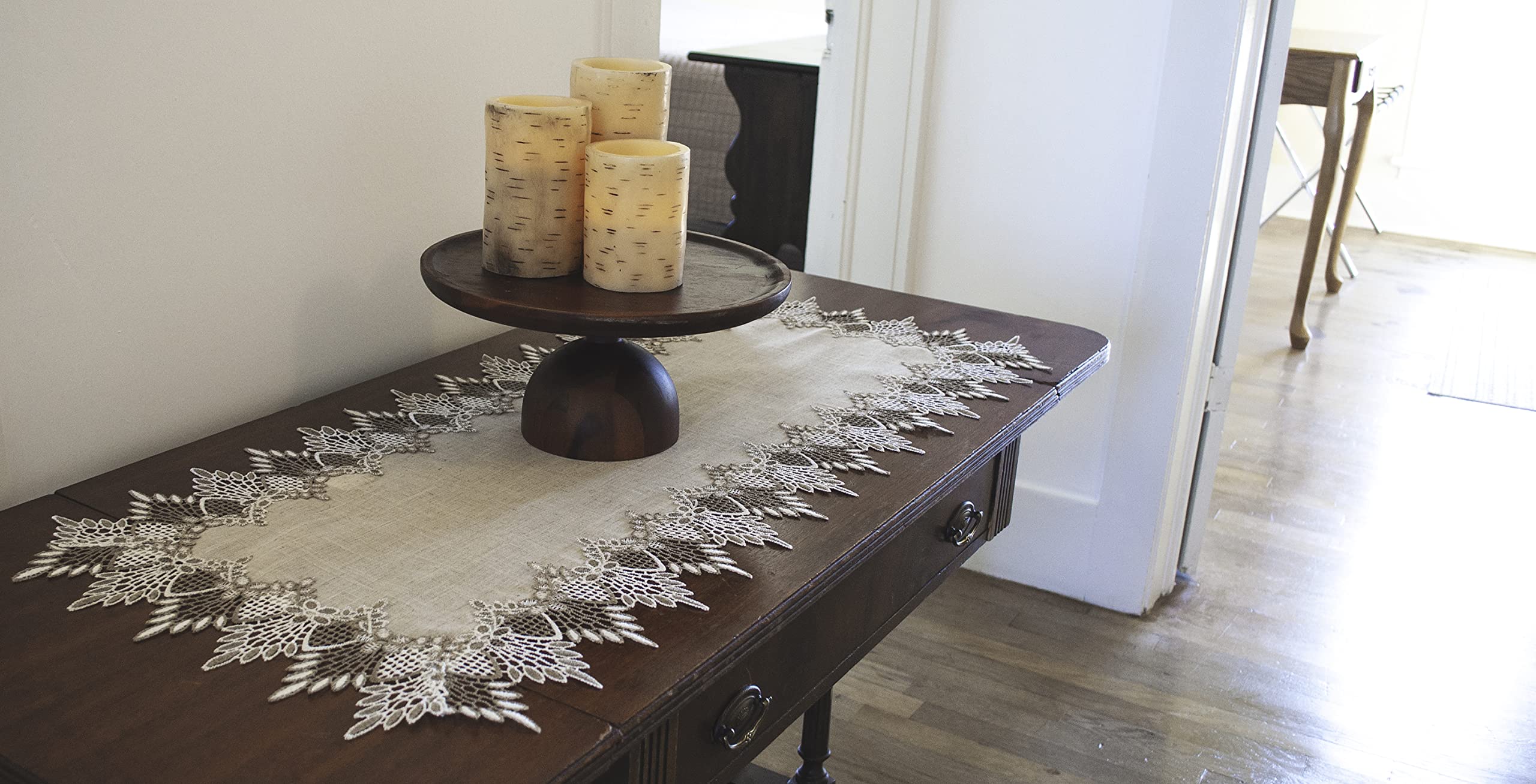 Linens, Art and Things lace runner in two-tone beige complements casual and formal meals.