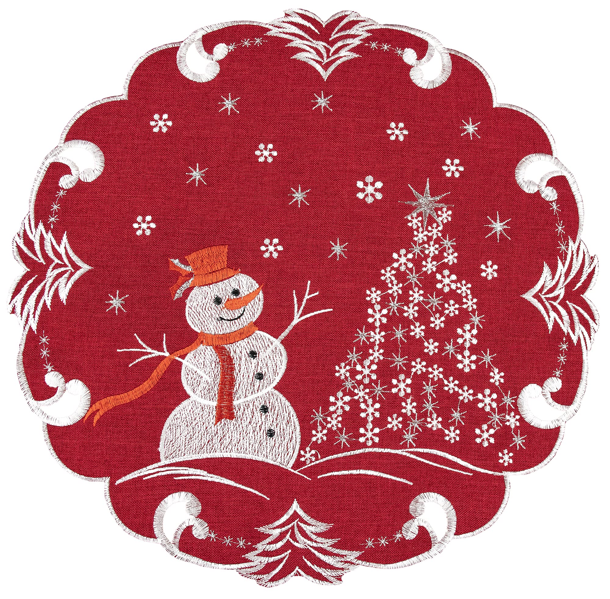 Linens, Art and Things silver-star-topped trees on red linen doily, perfect for a festive table centerpiece.