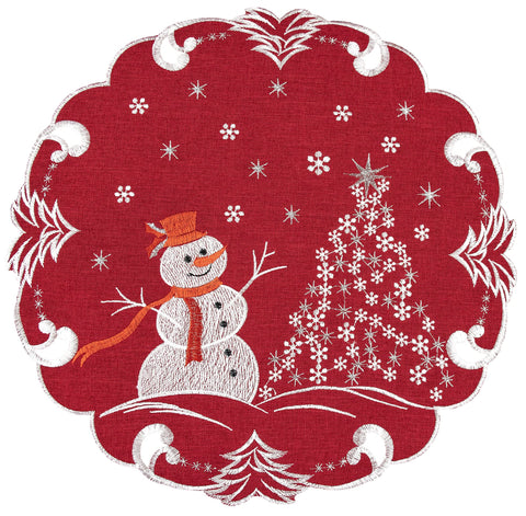 Linens, Art and Things silver-star-topped trees on red linen doily, perfect for a festive table centerpiece.